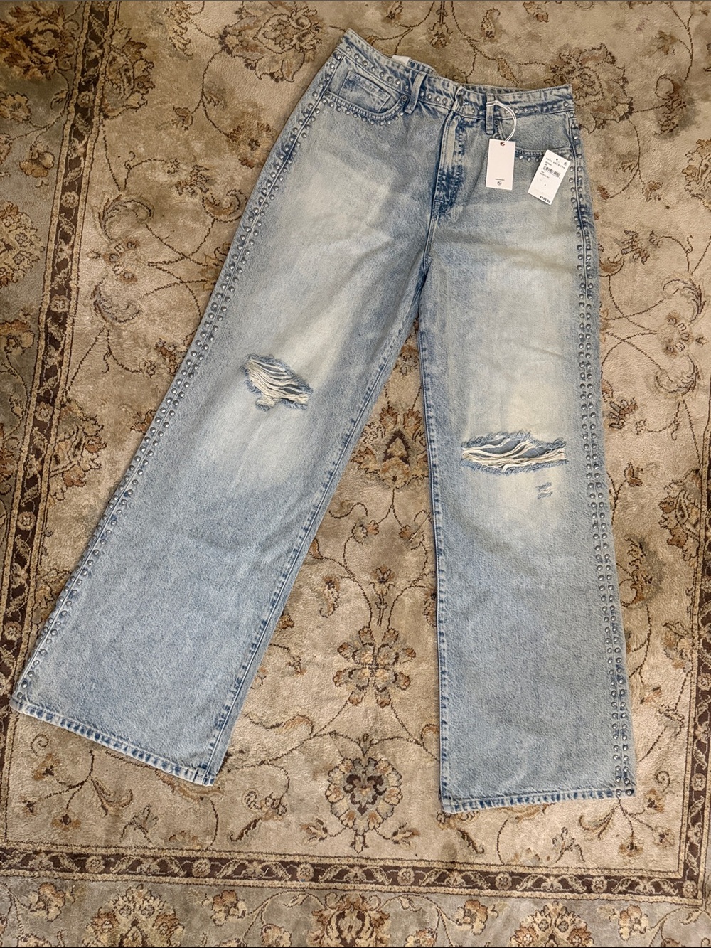 Good American Good Standard Ease Distressed Wide-Leg Jeans w/ Studs - Size 8/29